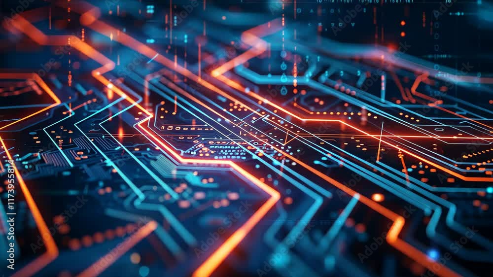 Poster abstract technology circuit board wallpaper featuring glowing blue and orange lines in a digital env