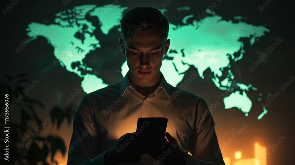 Poster businessman using a smartphone with a glowing world map in the background