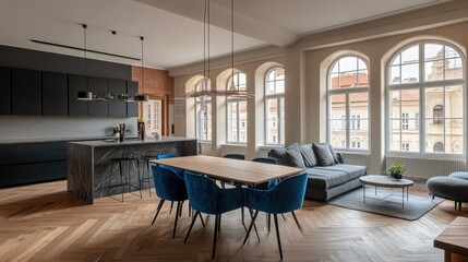 Fototapeta premium Modern apartment, open-plan kitchen, dining area, living room, city view, interior design