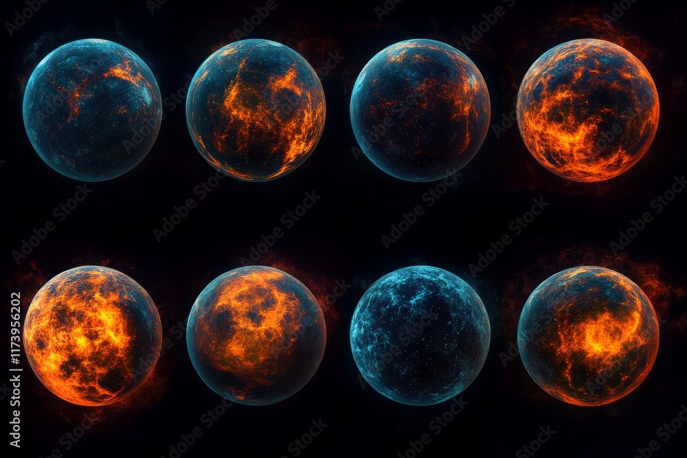 Poster multiple planets in vibrant fiery and icy colors showcase contrasting environments in a cosmic displ