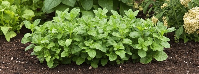 Herbs flourish in garden bed with vegetables, showcasing vibrant mint plants alongside leafy greens and colorful blooms during sunny weather