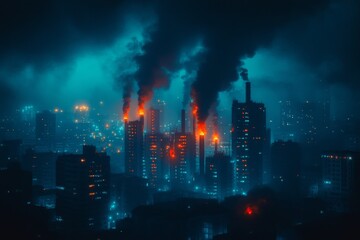 Urban skyline engulfed in smoke and flames during nighttime with vibrant city lights illuminating the dark atmosphere