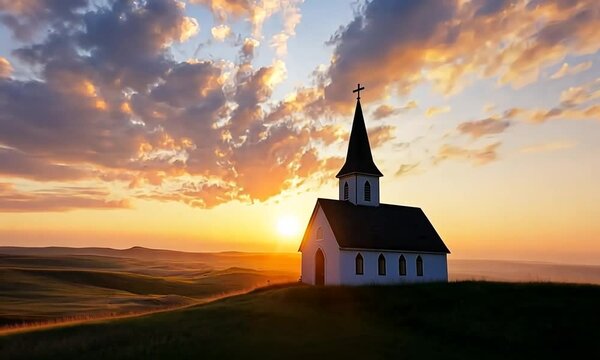 A serene church silhouette against a vibrant sunset landscape.