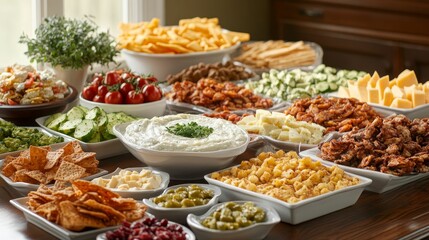 Obraz premium Varied buffet, savory dips, snacks, and sides.