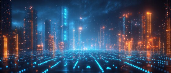 Futuristic Cityscape at Night with Glowing Green Upward Arrows and Neon Blue Lights Representing Business Finance and Growth