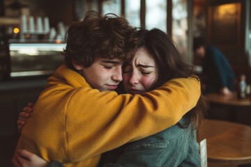 Fototapeta premium Emotional embrace between two young individuals inside a cozy cafe during the afternoon