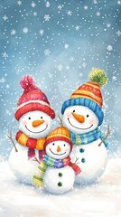Obraz premium Cheerful snowman family in colorful winter attire enjoying a snowy day together.