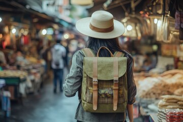 Fototapeta premium Enjoying a vibrant market atmosphere while exploring local crafts and foods in the late afternoon light