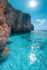 Fototapeta premium Photo réaliste d’un îlot rocheux émergeant des mers turquoise, avec la lumière du soleil scintillant à la surface de l’eau