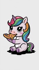 A vector style illustration of 
cute unicorn eating pizza cartoon,isolated Generative AI