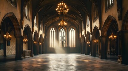 Obraz premium A grand medieval hall with high vaulted ceilings, ornate chandeliers, and an expansive stone floor