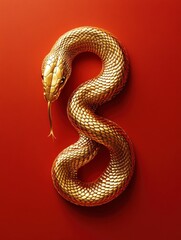 Fototapeta premium Golden snake elegantly coiled on a vivid red background, displaying intricate scales.