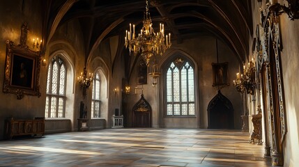 Obraz premium A grand medieval hall with high vaulted ceilings, ornate chandeliers, and an expansive stone floor