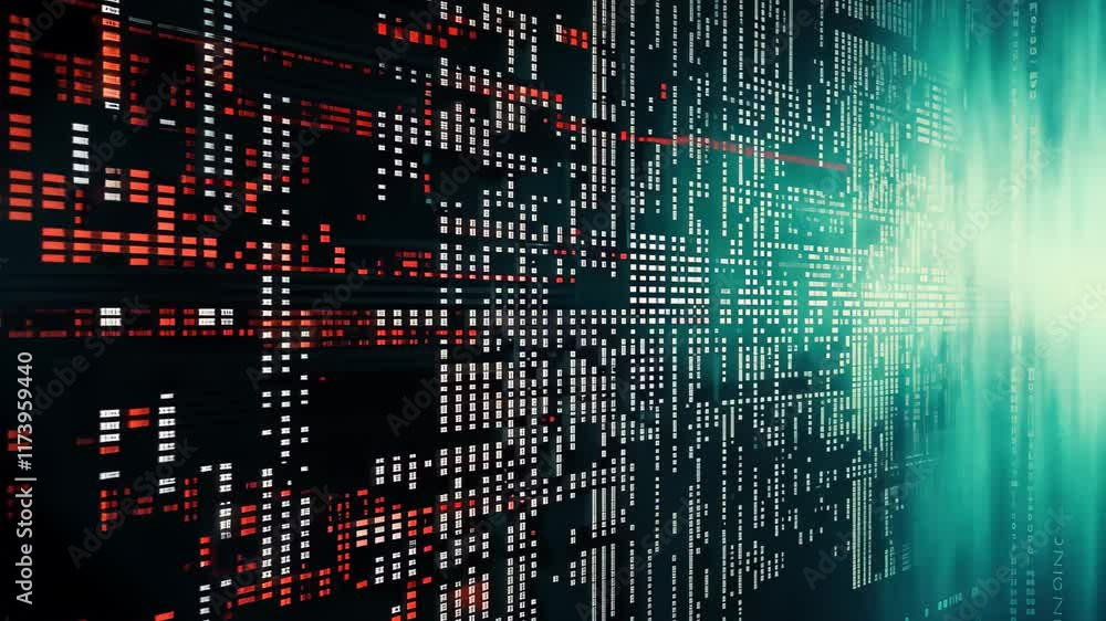 Poster binary code seamlessly merges with pixelated graphics, creating an immersive digital landscape in a 
