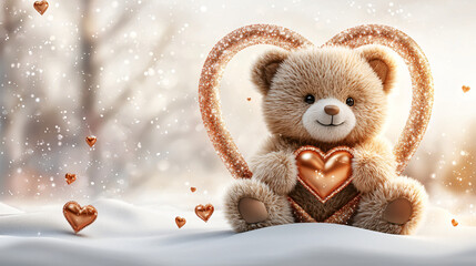 Fototapeta premium Teddy Bear Holding Heart in Winter Wonderland