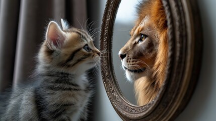 A kitten looking into a mirror that reflects a lion, representing confidence, bravery, courage, and the power ambition and inner strength