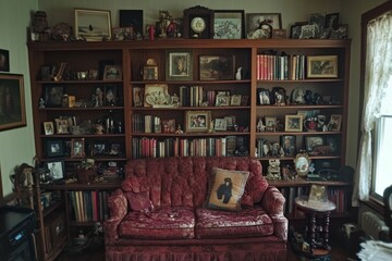 Antique bookcase, sofa, many framed photos, books.