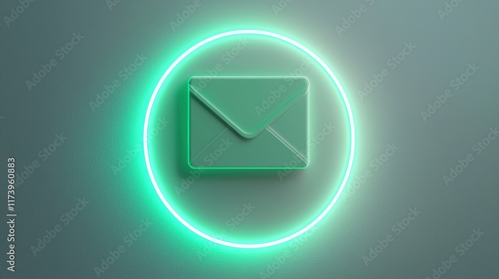 Aufkleber neon green email icon: 3d render of a message envelope in a glowing circular frame, minimalist digit