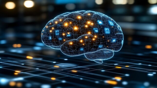 A futuristic AIG brain in a cybernetic environment with circuits and data flow, representing artificial intelligence, digital consciousness, and the future of advanced computing and machine learning..