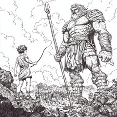 young shepherd named David stands boldly his sling against towering armored giant Goliath. battlefield is filled soldiers and hilltop backdrop adds drama classic story.