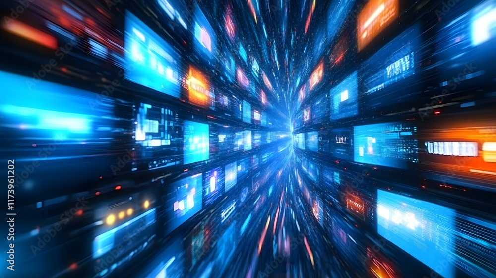 Poster streaming data tunnel abstract multimedia background with various channels, web tv video technology