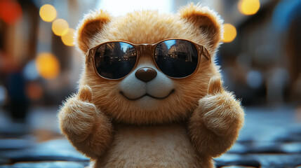 Adorable cartoon bear in sunglasses giving thumbs up, perfect for children's wall art, decoration, and vibrant summer-themed backgrounds.