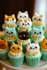 A bunch of cupcakes with cat faces on them on a cake stand