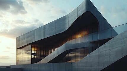 Fototapeta premium Modern architectural design featuring curved concrete forms and large glass windows.