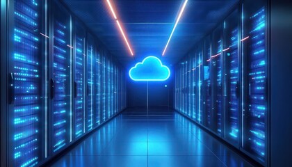 Futuristic Data Center Corridor for Cloud Migration and Data Transfer with Cyberpunk Aesthetics and Blue Lighting