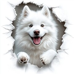 Fototapeta premium Playful white dog breaks through a paper wall, full of excitement and energy.