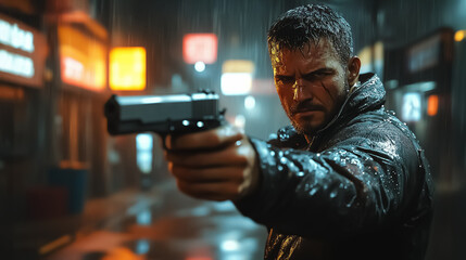 Intense urban action scene featuring a gritty character with a firearm, perfect for film posters, wall art, and thriller-themed decoration.