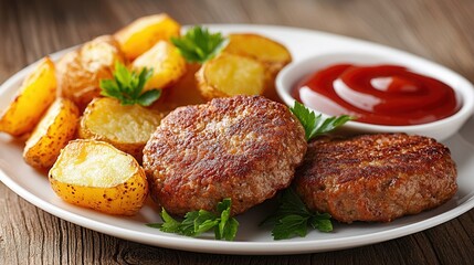 Juicy meat patties served with golden roasted potatoes and ketchup on a rustic wooden table