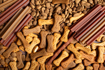 dog food variety. Dry dog food pellets for background