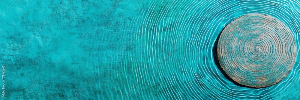 Poster empty round wooden board floating on turquoise water surface creating concentric ripples, providing 