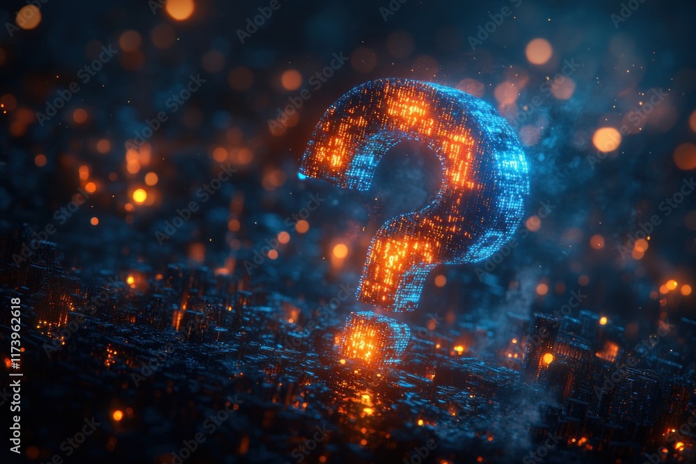 Poster futuristic question mark made of glowing blue binary code in digital art style technology artificial intelligence natural language processing systems