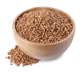 Raw buckwheat in bowl isolated on white