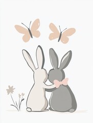Obraz premium A pair of cute rabbits embrace under fluttering butterflies, surrounded by soft flowers.