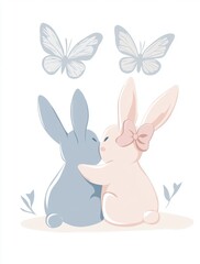 Cute bunnies with butterflies in a whimsical, pastel illustration.