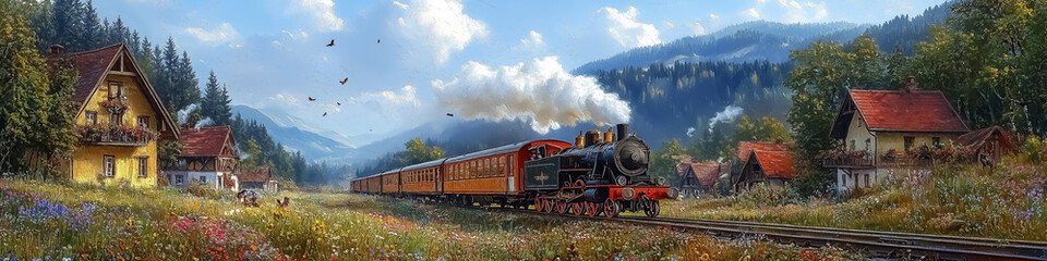 A picturesque steam train journeying through a vibrant countryside with mountains, perfect for wall art, posters, and travel-themed decorations.