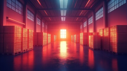 Fototapeta premium A spacious warehouse interior bathed in golden light, emphasizing productivity, logistics, and supply chain efficiency while creating a sense of order and structure..