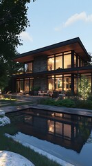 Obraz premium Modern house with large windows reflecting in a serene pond, surrounded by greenery.