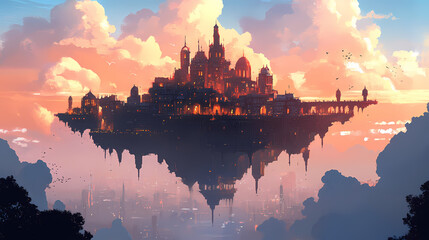 Fototapeta premium Skybound city a floating metropolis at dusk. Skybound. Illustration