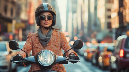 Latina woman riding a scooter through the city, wearing a helmet and sunglasses,