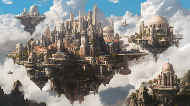 Skybound cityscapes floating architectural wonders. Skybound. Illustration
