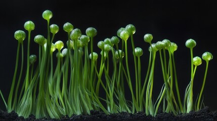 Wispy green onion tops sprouting from rich dark soil in a garden setting during daytime lighting