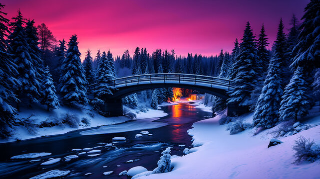 A picturesque snowy bridge arching over a frozen river, surrounded by snow-laden trees glowing under a twilight purple sky
