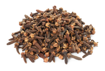 Pile of dry clove buds on white background. Aromatic spice