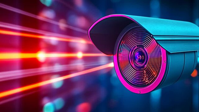 A sleek security camera hovers in a vivid digital landscape filled with colorful lights. The scene evokes themes of technology, surveillance, and modern safety. High-tech environment.