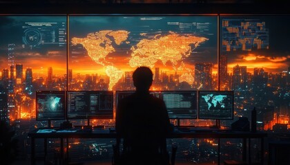 Futuristic Office Collaboration in 2025 Global Team Connectivity with Holographic Screens and Real-Time Data Visualization