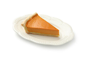 Piece of tasty homemade pumpkin pie isolated on white